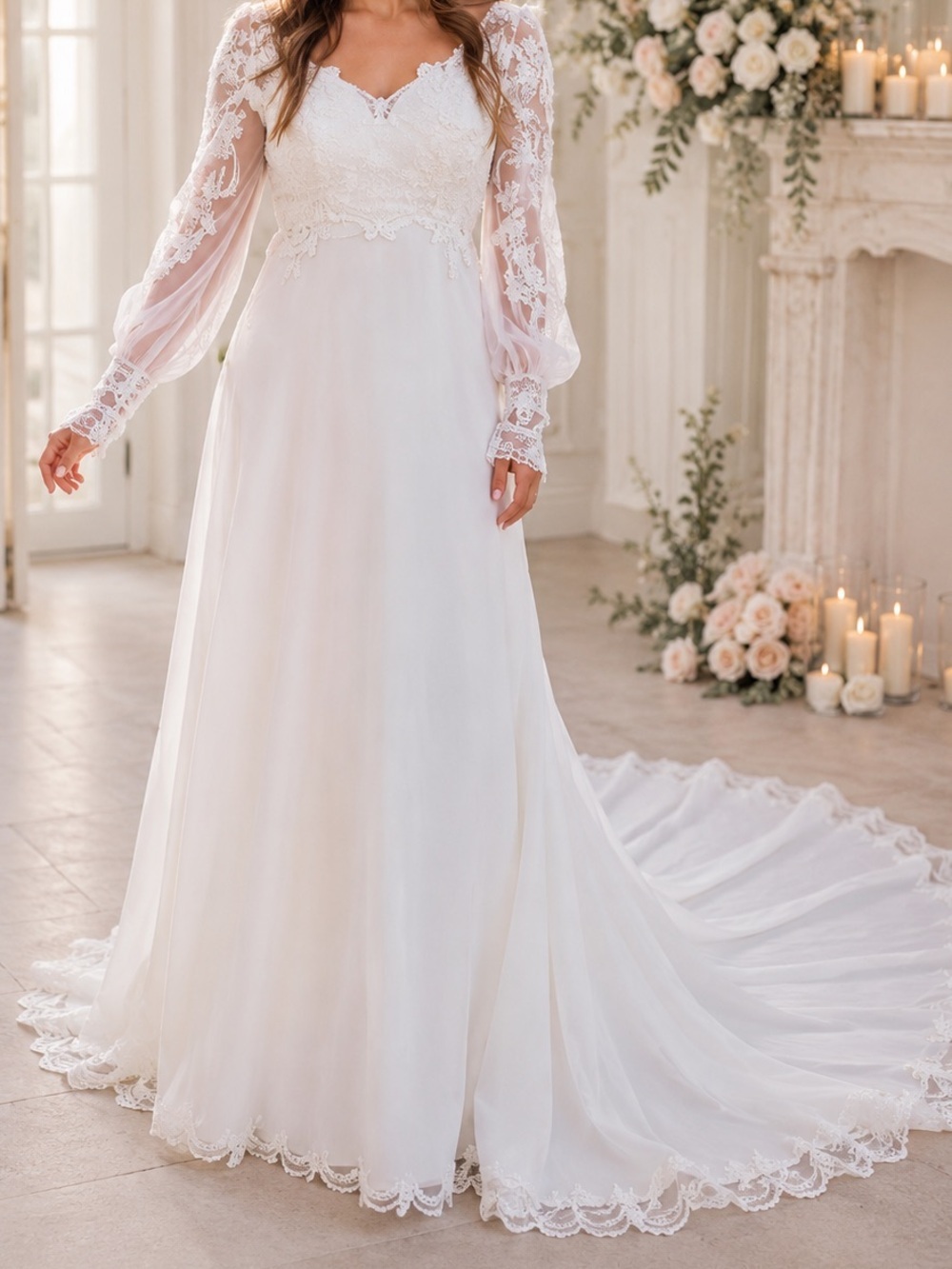 70s Vintage Lace Long Sleeve Beaded Bohemian Pearl Bridal Gown Wedding Dress